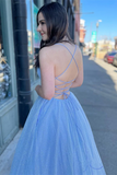 Promfast Twinkly A Line Sky Blue Tulle Long Prom Dress, Party Gown for Sale HZ0527