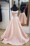 Promfast Blush Pink Simple Satin A line Spaghetti Straps Cross Back Prom Dress with Pockets HZ0527