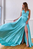 Promfast V neck Sleeveless Split Tiffany Blue Cross Back Prom Evening Dress HZ0527