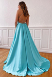 Promfast V neck Sleeveless Split Tiffany Blue Cross Back Prom Evening Dress HZ0527
