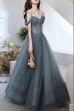Promfast Gray Blue Tulle A line Sweetheart Neck Long Prom Dresses, Evening Dresses HZ0527