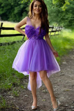 Promfast Purple Tulle A line High Low Hand Made Flowers Short Homecoming Dresses HZ0527