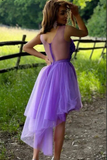 Promfast Purple Tulle A line High Low Hand Made Flowers Short Homecoming Dresses HZ0527
