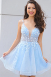 Promfast Cute V Neck Light Blue Lace Floral Short Prom Homecoming Dresses HZ0527