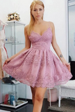 Promfast Pink Tulle A line V neck Lace Spaghetti Straps Short Homecoming Dresses HZ0527