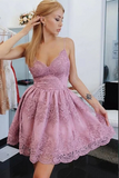 Promfast Pink Tulle A line V neck Lace Spaghetti Straps Short Homecoming Dresses HZ0527