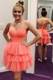 Promfast V Neck Layered Coral Short Prom Dresses Homecoming Dresses HZ0527
