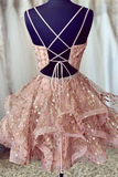 Promfast V Neck Short Champagne Lace Prom Dresses with Corset Back, Short Lace Formal Homecoming Graduation Dresses HZ0527