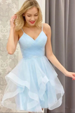 Promfast Blue Tulle A line V neck Cheap Homecoming Dresses, Short Prom Dresses HZ0527