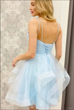Promfast Blue Tulle A line V neck Cheap Homecoming Dresses, Short Prom Dresses HZ0527