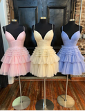 Promfast Fashion Cute V Neck Straps Tulle Short Homecoming Dresses HZ0527