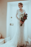 Promfast Elegant Long Sleeves V back Lace Long Sleeves Wedding Dress HZ0527