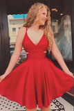 Promfast Red A line V neck Spaghetti Straps Homecoming Dresses, Graduation Dress HZ0527