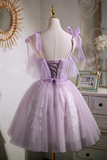 Promfast Sweet Purple A line Short Prom Dress Homecoming Dress with Ribbon HZ0527