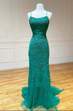 Promfast Green Lace Mermaid Backless Spaghetti Straps Prom Dresses, Evening Gown HZ0527