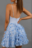 Promfast Light Blue Lace Spaghetti Straps Homecoming Dresses, Short Prom Dresses HZ0527