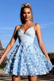 Promfast Light Blue Lace Spaghetti Straps Homecoming Dresses, Short Prom Dresses HZ0527