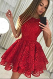 Promfast Cute Red Round Neck A line Cap Sleeves Lace Short Homecoming Dresses HZ0527