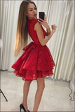 Promfast Cute Red Round Neck A line Cap Sleeves Lace Short Homecoming Dresses HZ0527