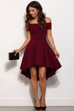 Promfast A Line Off Shoulder High Low Burgundy Short Prom Dress, Burgundy Graduation Dress, Homecoming Dress HZ0527