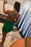 Promfast Green Sheath Spaghetti Straps Lace Homecoming Dresses, Graduation Dress HZ0527