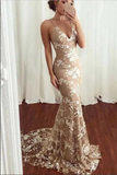 Promfast Mermaid V Neck Spaghetti Straps Lace Appliques Prom Dresses With Train HZ0527