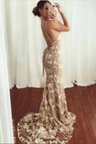 Promfast Mermaid V Neck Spaghetti Straps Lace Appliques Prom Dresses With Train HZ0527