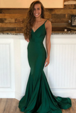 Promfast Emerald Green V Neck Mermaid Prom Dresses with Sweep Train, Mermaid Formal Graduation Evening Dresses HZ0527
