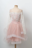 Promfast A line Cute Pink Short Prom Dress Long Sleeve Scoop Lace Homecoming Dresses HZ0527