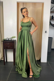 Promfast Sage Green A line Scoop Spaghetti Straps Long Prom Dresses With Pocket HZ0527