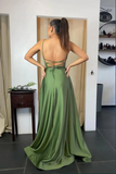 Promfast Sage Green A line Scoop Spaghetti Straps Long Prom Dresses With Pocket HZ0527