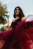 Promfast Burgundy Tulle A line V Neck High Low Long Prom Dresses, Evening Dresses HZ0527
