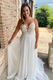Promfast V Neck Open Back White Lace Long Prom Wedding Dresses with Train HZ0527
