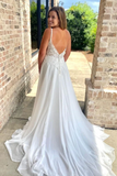 Promfast V Neck Open Back White Lace Long Prom Wedding Dresses with Train HZ0527
