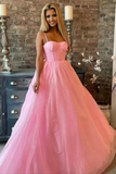 Promfast Shiny Pink Tulle Spaghetti Straps Sparkly Long Prom Formal Evening Dress HZ0527