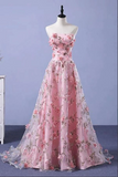 Promfast Pink Flower Appliques Strapless A line Long Prom Dresses, Evening Gowns HZ0527