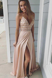 A Line Spaghetti Straps Pink Elastic Satin Prom Dress with Beading HZ0527