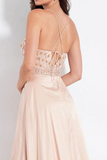 A Line Spaghetti Straps Pink Elastic Satin Prom Dress with Beading HZ0527