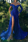 Mermaid Trumpet Sparkle High Split Prom Formal Evening Dress Off Shoulder Long Sleeve Party Dress HZ0527