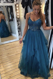 Teal Tulle Straps A Line Prom Dress With Lace Appliques HZ0527