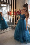 Teal Tulle Straps A Line Prom Dress With Lace Appliques HZ0527