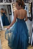 Teal Tulle Straps A Line Prom Dress With Lace Appliques HZ0527