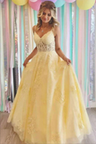 Yellow A Line Lace Appliques Spaghetti Straps Prom Dresses, Evening Gown HZ0527