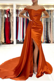 Rust Off the Shoulder Evening Dress Mermaid Satin Prom Dress with Flap HZ0527