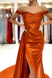 Rust Off the Shoulder Evening Dress Mermaid Satin Prom Dress with Flap HZ0527