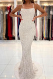 Spaghetti Straps Pearl White Prom Dresses Sparkly Sheath Formal Dress HZ0527