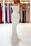 Spaghetti Straps Pearl White Prom Dresses Sparkly Sheath Formal Dress HZ0527