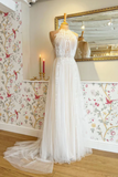 A Line Delicated Lace Tulle Wedding Dresses See Through Halter Neck Bridal Dress HZ0527