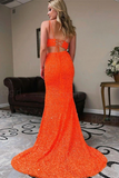 Two Piece Mermaid Orange Sequins Long Prom Formal Dress HZ0527