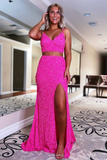 Two Piece Mermaid Orange Sequins Long Prom Formal Dress HZ0527